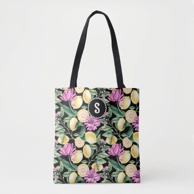 Bolsa Tote Limões e Tulipas Padrão Floral | Citrus Monograma (Frente)