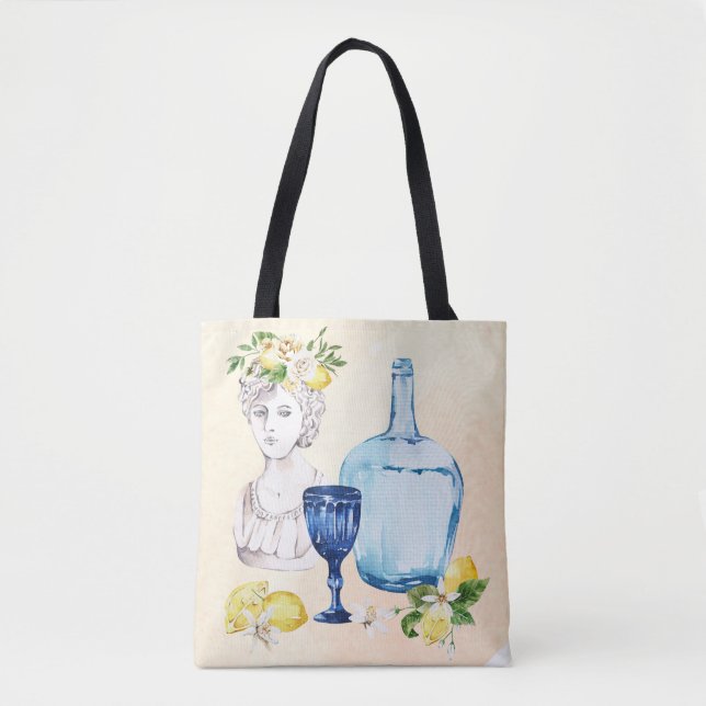 Bolsa Tote Limões-lanço mediterrânicos e vidro azul (Frente)