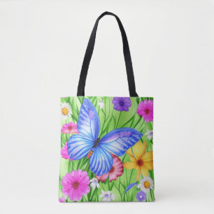 Bolsa Tote Linda Borboleta Azul com flores Aquarela