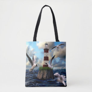 Bolsa Tote Linda Cena de Farol de Aquarela
