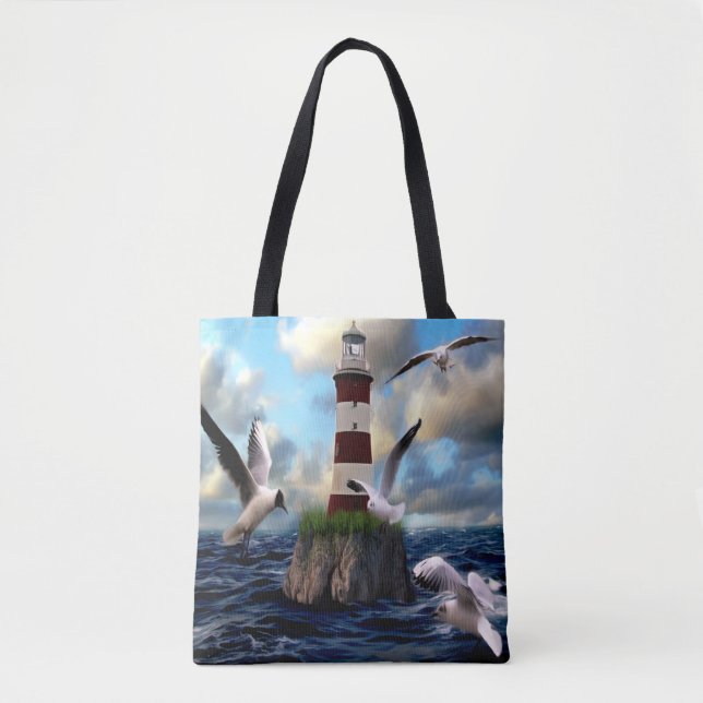 Bolsa Tote Linda Cena de Farol de Aquarela (Frente)