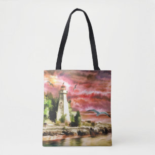 Bolsa Tote Linda Cena de Farol de Aquarela