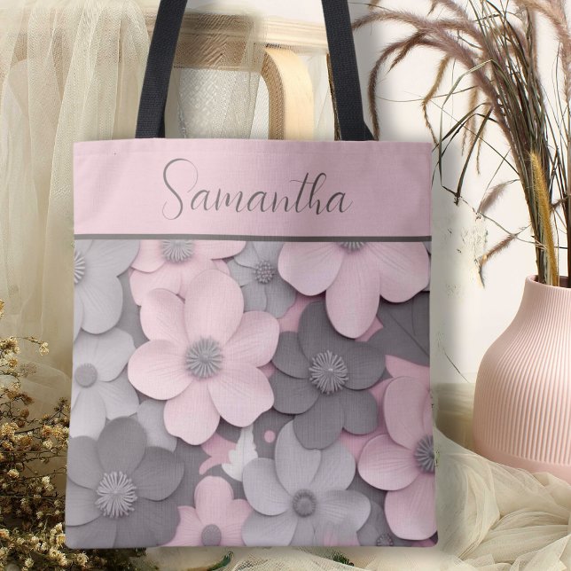 Bolsa Tote Linda Cinza Rosa 3D Poppies Floral (Criador carregado)