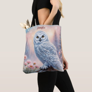 Bolsa Tote Linda coruja de neve, flores rosa. Nome editável