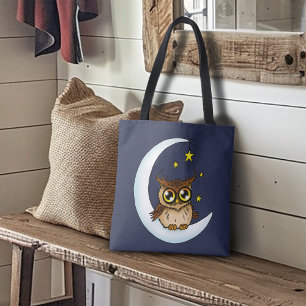 Bolsa Tote Linda Coruja Marrom Crescente Estrelas Azuis