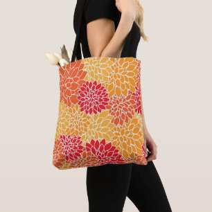 Bolsa Tote Linda Dahlia Floral em Laranja e Vermelho
