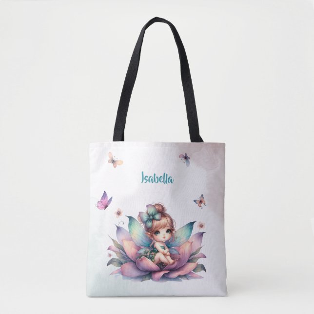 Bolsa Tote Linda fada sentada dentro da flor (Frente)