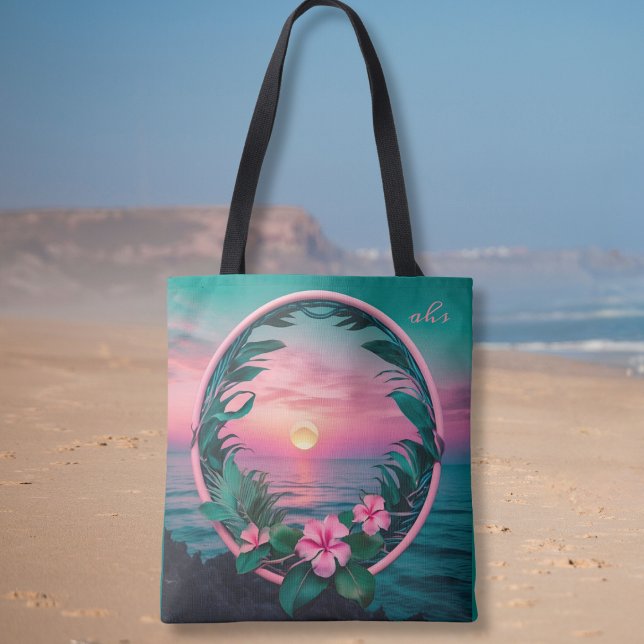 Bolsa Tote Linda Flor Tropical Rosa-Teal Solar (Criador carregado)