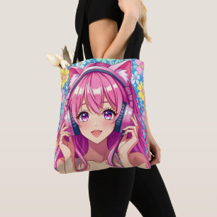 Bolsa Tote Linda Garota Anime Rosa com Fones de Ouvido
