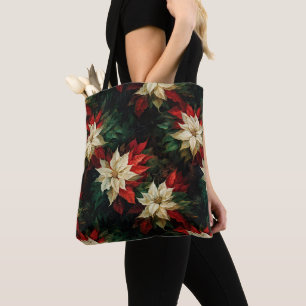 Bolsa Tote Linda ilustração de Poinsetos Brancos e Vermelhos
