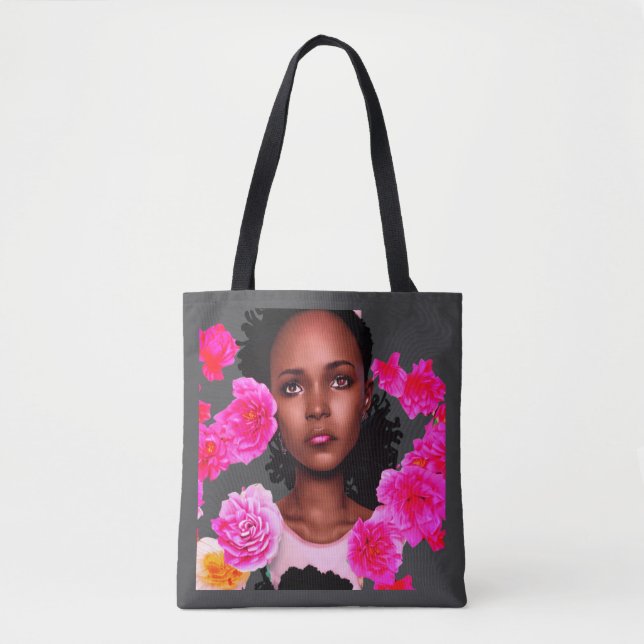 Bolsa Tote Linda jovem cercada de flores rosa (Frente)
