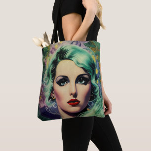 Bolsa Tote Linda Lavanda e Estilo Retro Verde Mulher Espacial