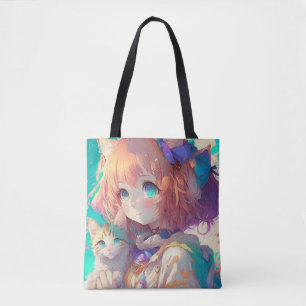 Bolsa Tote Linda Menina de Animação com Gatinha Bonita