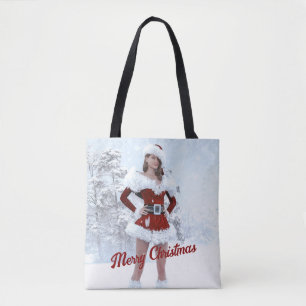 Bolsa Tote Linda mulher de Natal sobre a neve do inverno