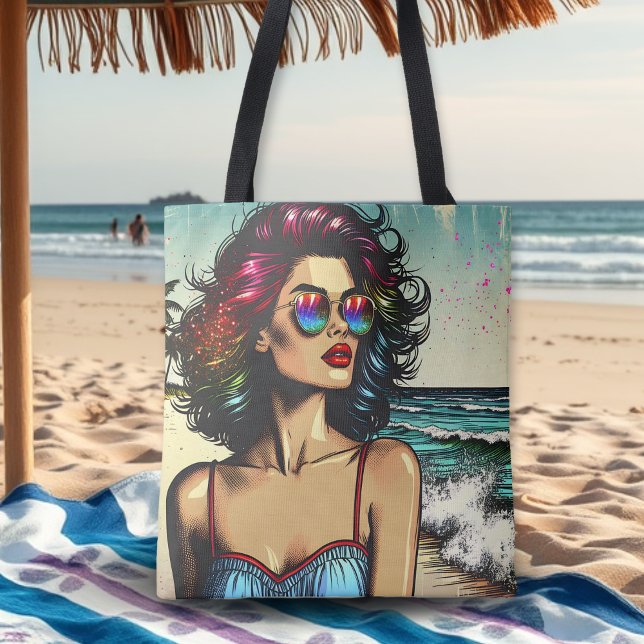 Bolsa Tote Linda mulher na Pop da Beach Comic Book (Criador carregado)