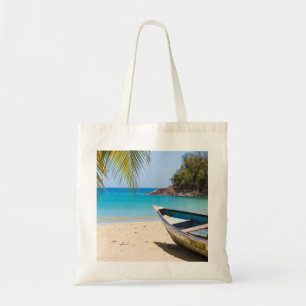 Bolsa Tote Linda praia tropical com um barco a remo