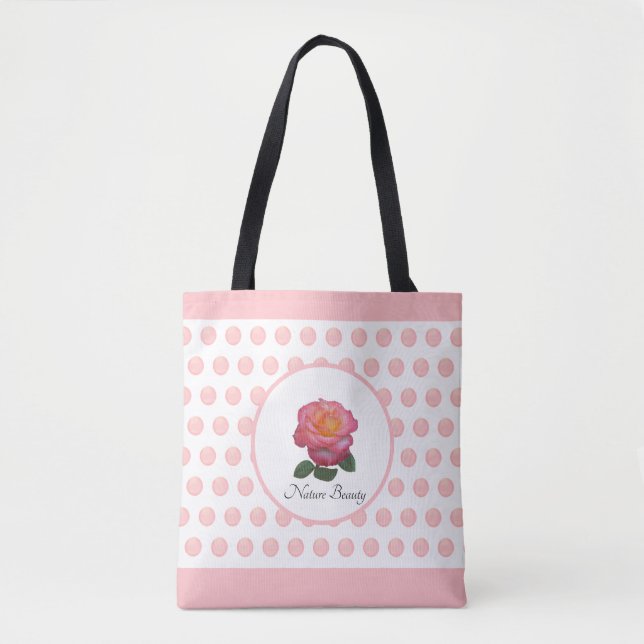 Bolsa Tote Linda rosa rosa e Bolinhas (Frente)