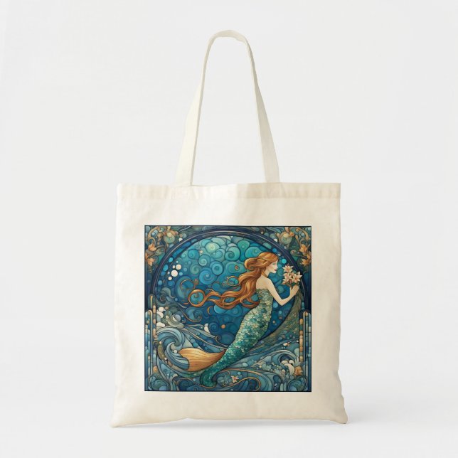 Bolsa Tote Linda Sereia Arte Nouveau Arte Estilo Azul (Frente)