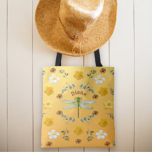 Bolsa Tote Linda Vintage Dragonfly Verde e Flores Douradas