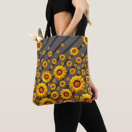 Bolsa Tote Lindas flores amarelas nas cinzas, faixas pretas