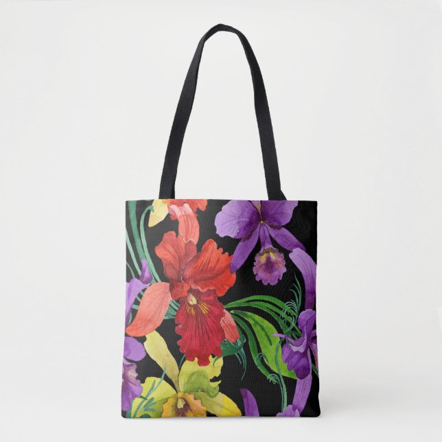 Bolsa Tote Lindas flores de orquídeas de aquarela em preto (Frente)