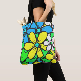 Bolsa Tote Lindas Flores de Verão Azul Amarelo e Verde