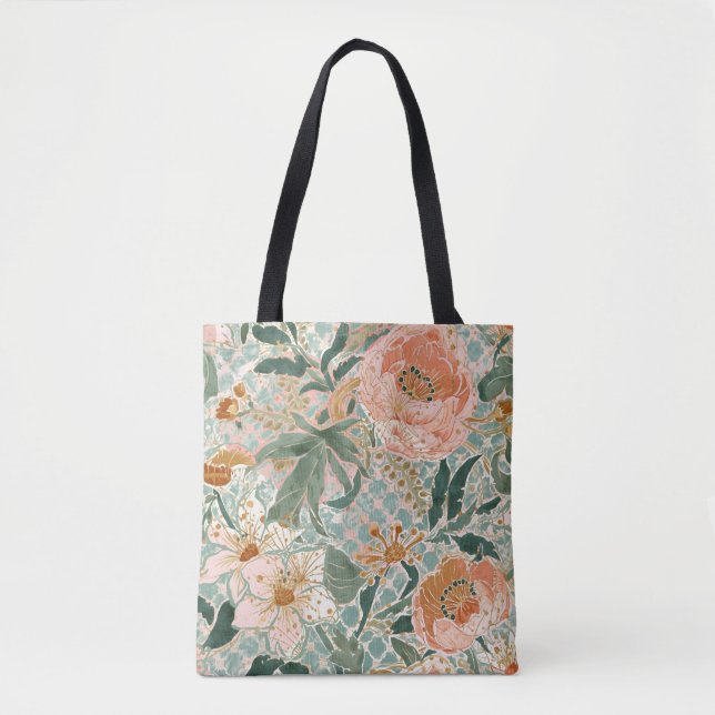 Bolsa Tote Lindas Flores e Folhas de Pêssego em Flor, Padrão (Frente)