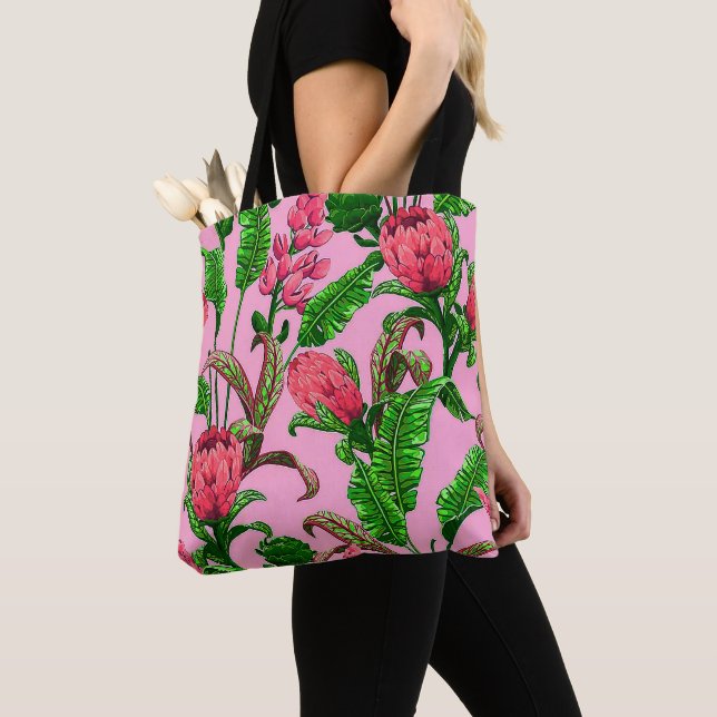 Bolsa Tote Lindas Folhas Verdes Tropicais com Flores Vermelha (Close Up)