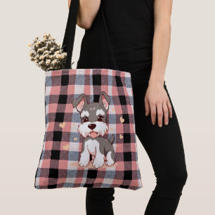 Bolsa Tote Lindo Cachorro Schnauzer Kawaii Xadrez Búfalo Rosa