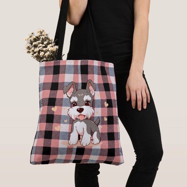 Bolsa Tote Lindo Cachorro Schnauzer Kawaii Xadrez Búfalo Rosa (Close Up)