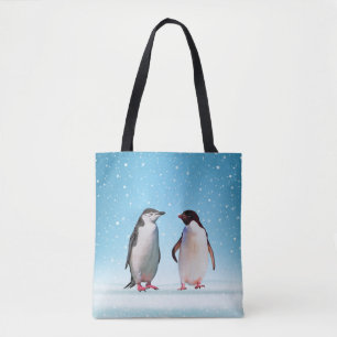 Bolsa Tote Lindo Casal de Pinguins em Azul Claro