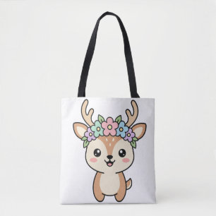 Bolsa Tote Lindo cervo Kawaii com coroa de flores Ilustração 