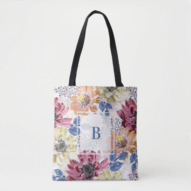 Bolsa Tote Lindo crisântemo laranja rosa vintage (Frente)