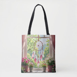 Bolsa Tote Lindo Dreamcatcher Rosa e Plantas no Parapeito da