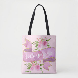 Bolsa Tote Lindo Floral Cor-de-rosa Hello Magnífico Dourado F