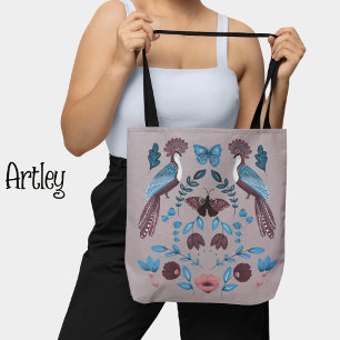 Bolsa Tote Lindo floral de pavão de arte roxa