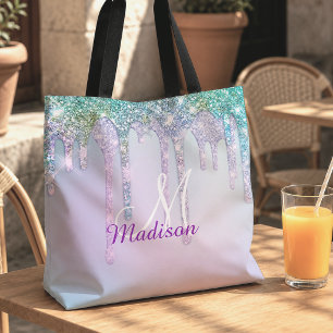Bolsa Tote Lindo Glitter Monograma de Unicórnio Turquesa Aqua