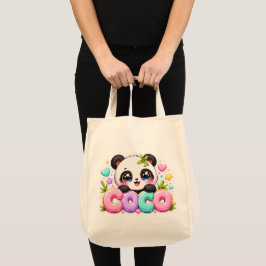 Bolsa Tote Lindo Kawaii Coco Panda Nome Pastel Rosa Brilhante