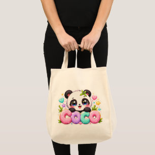 Bolsa Tote Lindo Kawaii Coco Panda Nome Pastel Rosa Brilhante