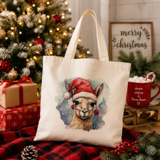 Bolsa Tote Lindo Llama de Natal em Aquarela de Festa