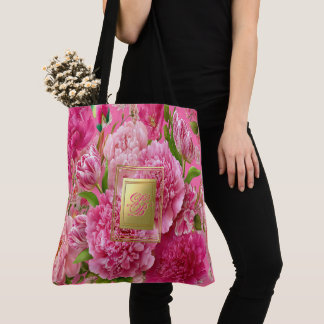 Bolsa Tote Lindo Monograma Floral Rosa e Verde Jardim 
