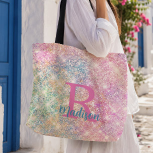 Bolsa Tote Lindo monograma iridescente cor-de-rosa de unicórn