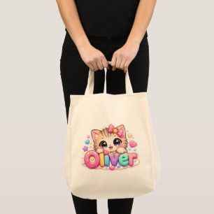Bolsa Tote Lindo Nome de Gato Oliver Kawaii Pastel Rosa Brilh