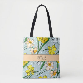 Bolsa Tote Lindo padrão floral retrô azul com monograma