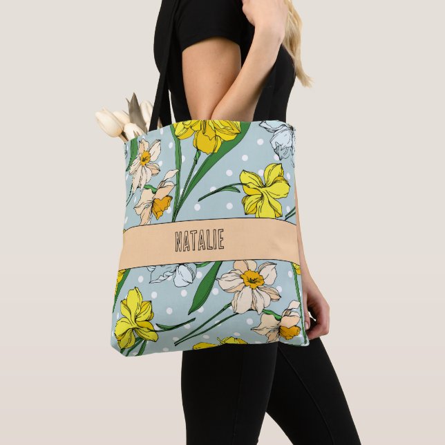 Bolsa Tote Lindo padrão floral retrô azul com monograma (Close Up)
