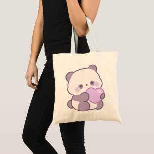 Bolsa Tote Lindo Panda Kawaii Rosa Roxo Segurando Coração 