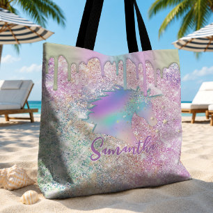 Bolsa Tote Lindo unicórnio de arco-íris monograma de estrelas