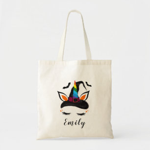 Bolsa Tote Lindo Unicórnio de Arco-Íris no Halloween Doces ou