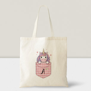 Bolsa Tote Lindo Unicórnio Espiando do Bolso com inicial