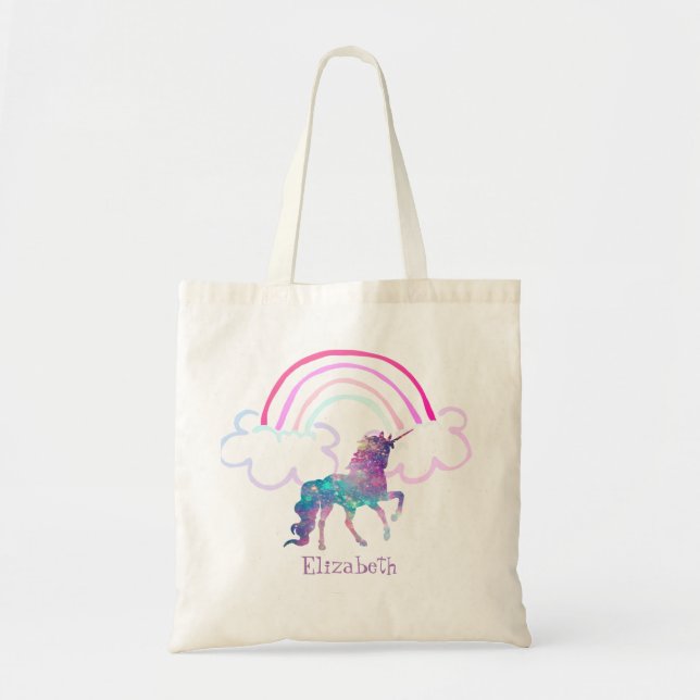 Bolsa Tote Lindo Unicórnio Mágico Roxo, Arco-íris (Frente)